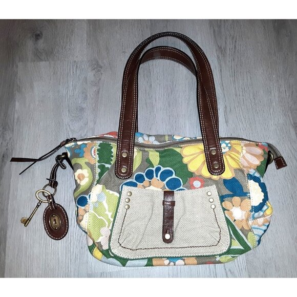 Fossil Coloful Floral Print Purse Handbag Shoulder Bag Key Charm Distressed Boho - Picture 1 of 11